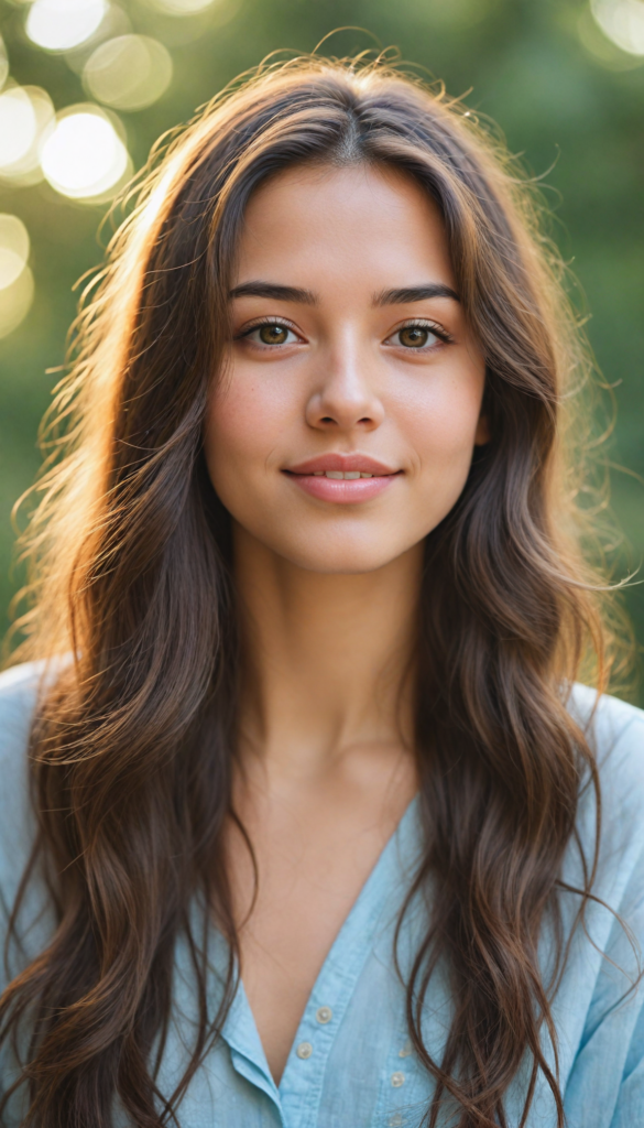 a captivating portrait of a young girl with long, flowing hair that shimmers like silk, cascading over her shoulders. Her round face radiates warmth, framed by delicate strands of hair, while her enchanting, expressive eyes sparkle with curiosity and wonder. Full, rosy lips curve into a gentle smile, inviting connection. The background blurs into a dreamy bokeh of pastel colors, reminiscent of Impressionist paintings, evoking a sense of whimsy and innocence. Sunlight filters softly through, casting a golden glow and enhancing the ethereal quality of this moment.