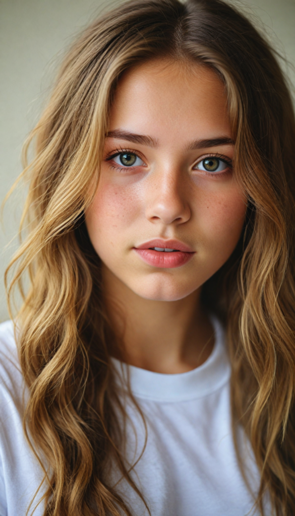 a stunning young detailed girl, beautiful eyes, full lips, soft long light brown wavy hair, perfect portrait, white t-shirt