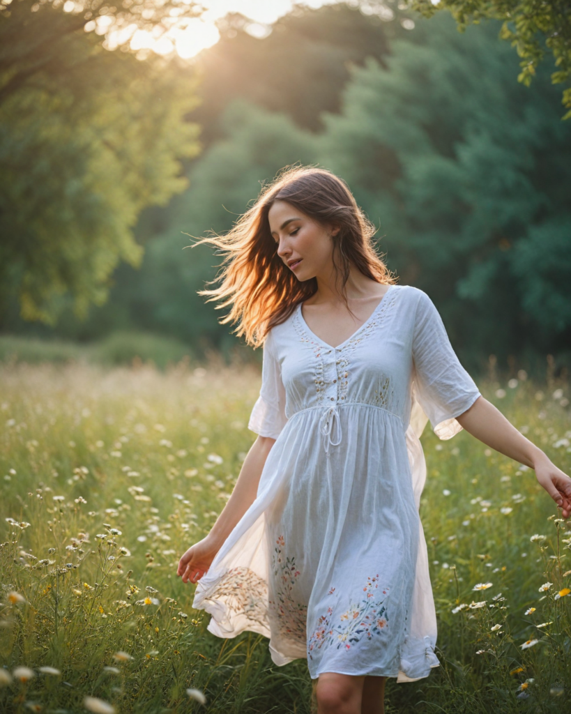 a whimsical scene showcasing an ethereal girl with flowing iridescent hair that seems to dance in the breeze, dressed in a billowing oversized white t-shirt adorned with delicate floral patterns. The setting features a vibrant sunlit meadow filled with wildflowers in various hues, and a backdrop of softly swaying trees. Her enchanting eyes sparkle with creativity and curiosity, while her detailed facial features radiate warmth and joy, all captured in a dreamy impressionist style reminiscent of Claude Monet's lush palettes and soft brushstrokes.