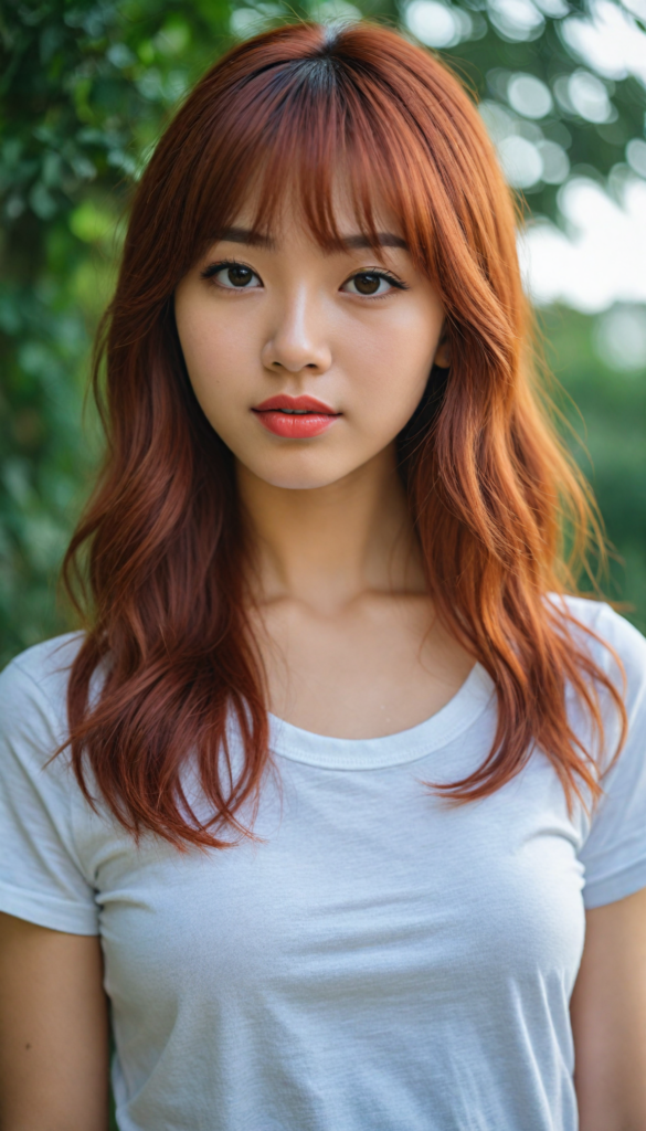 a (very beautiful Asian teenage girl), with long, flowing, voluminous (detailed soft red amber hair), styled in a sleek, shiny, straight bangs haircut with sharp, defined (full red lips), emitting an ethereal glow that complements her otherwise natural features, dressed in a (t-shirt), perfect curved fit body, round realistic face, round shiny amber eyes