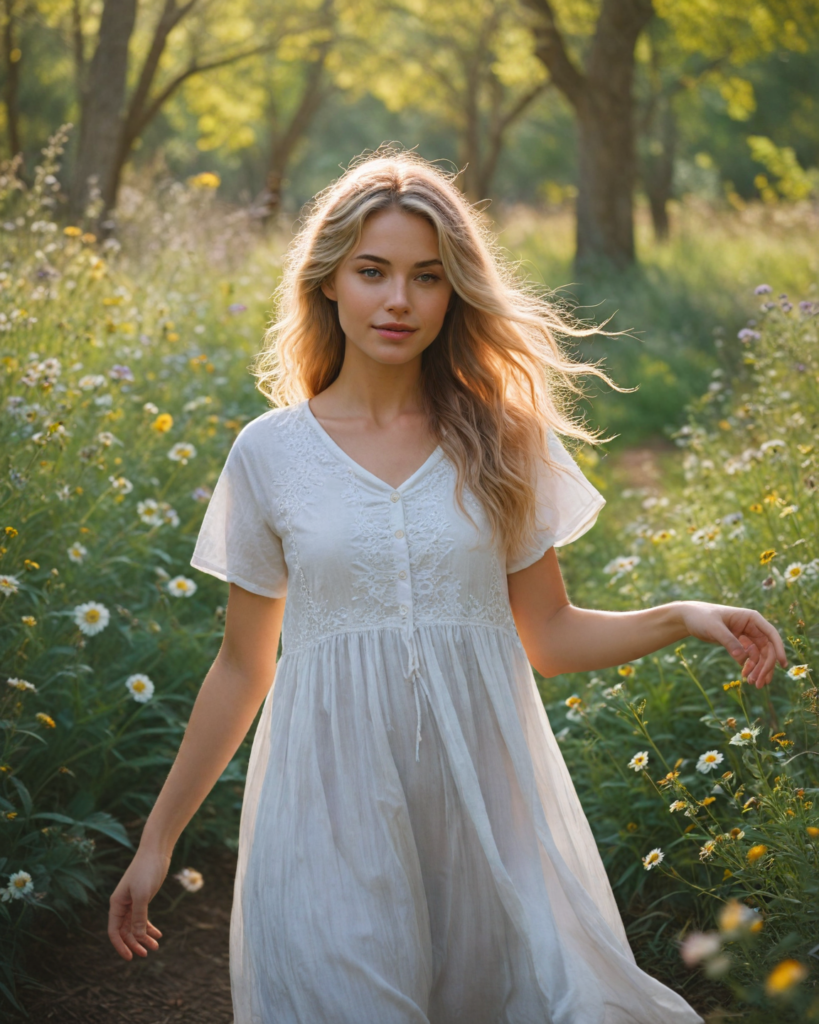 a whimsical scene showcasing an ethereal girl with flowing iridescent hair that seems to dance in the breeze, dressed in a billowing oversized white t-shirt adorned with delicate floral patterns. The setting features a vibrant sunlit meadow filled with wildflowers in various hues, and a backdrop of softly swaying trees. Her enchanting eyes sparkle with creativity and curiosity, while her detailed facial features radiate warmth and joy, all captured in a dreamy impressionist style reminiscent of Claude Monet's lush palettes and soft brushstrokes.