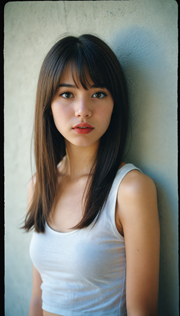 visualize a cute picture: a detailed teen girl, with soft straight very long jet brown hair, bangs cut frame her round face, exuding a sense of melancholy and loneliness, full red lips, (white cropped short tank top made of fine wool) which perfectly shaped her body), view from above (against a wall backdrop)