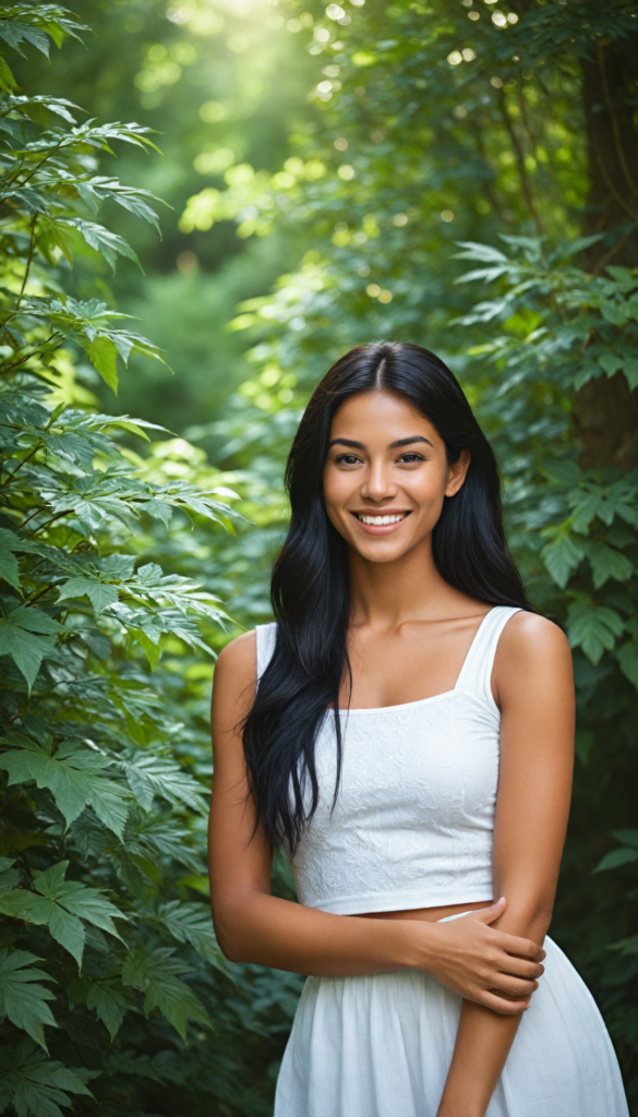 a radiant tanned young girl with an infectious, beaming smile, wearing a stylishly fitted white crop top that elegantly highlights her graceful curves, posed in a dreamy soft-focus portrait that captures a sense of whimsy, her long, sleek black hair cascading like a waterfall, surrounded by a gentle, ethereal glow of sunlight filtered through delicate leaves, evoking a serene summer afternoon in an enchanted garden, reminiscent of a contemporary oil painting by Claude Monet with a modern twist