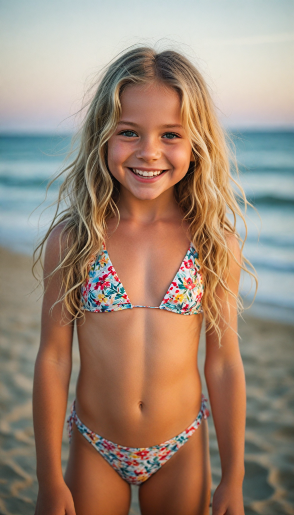 a young girl in a bikini, smile, beach in the backdrop, long straight (summer blond) wavy hair