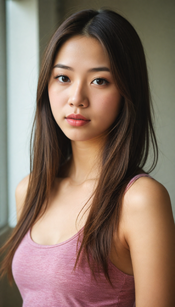 a (beautifully realistic cute Japanese teen girl), with long, flowing, voluminous, light brown soft hair, flawless (porcelain skin), a small flawless nose, and rosy red lips, dressed in a (plain very short tight revealing translucent tank top), posing confidently