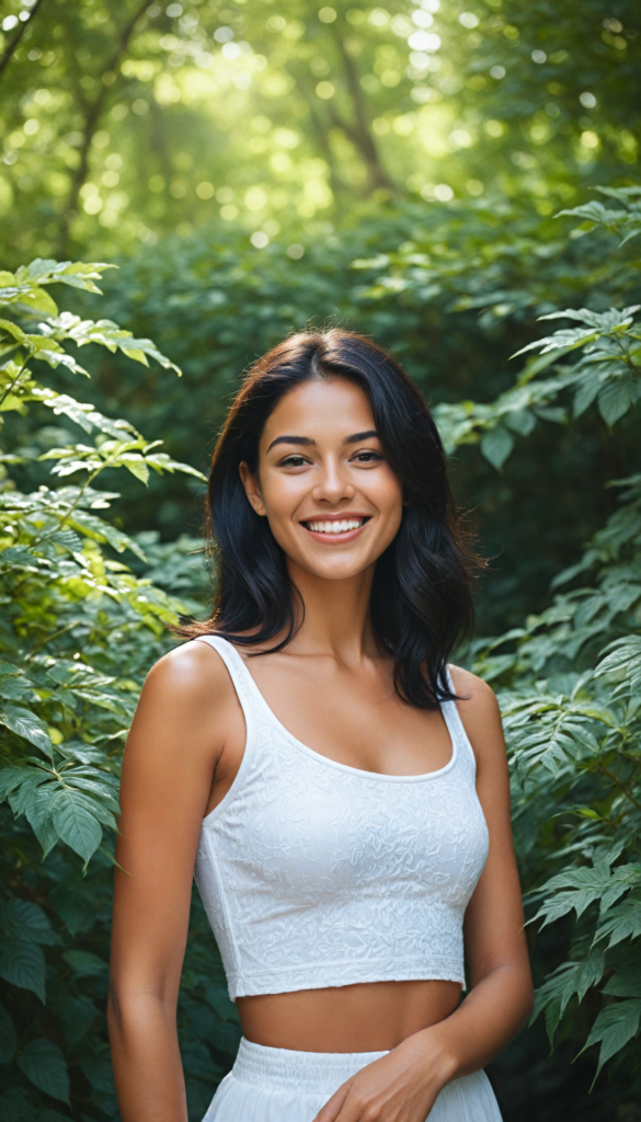 a radiant tanned young girl with an infectious, beaming smile, wearing a stylishly fitted white crop top that elegantly highlights her graceful curves, posed in a dreamy soft-focus portrait that captures a sense of whimsy, her long, sleek black hair cascading like a waterfall, surrounded by a gentle, ethereal glow of sunlight filtered through delicate leaves, evoking a serene summer afternoon in an enchanted garden, reminiscent of a contemporary oil painting by Claude Monet with a modern twist