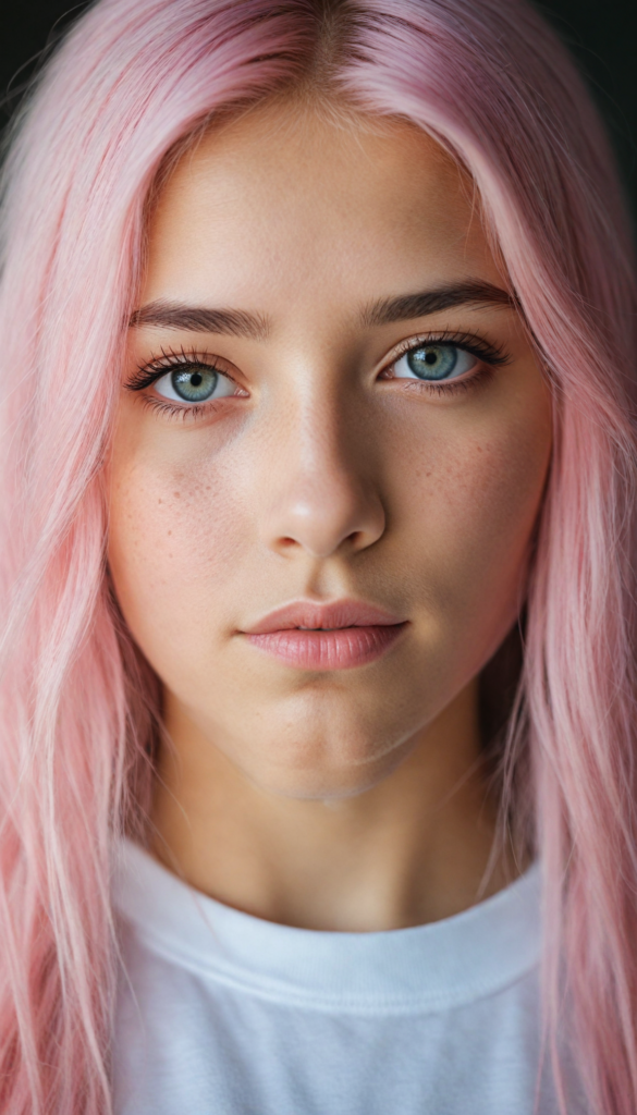 a stunning young detailed girl, beautiful eyes, full lips, soft long light pink hair, perfect portrait, white t-shirt