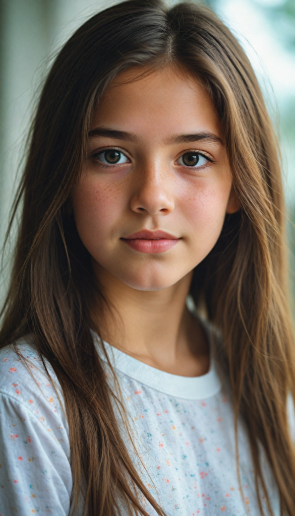 a stunning young girl, soft long brown hair, perfect portrait