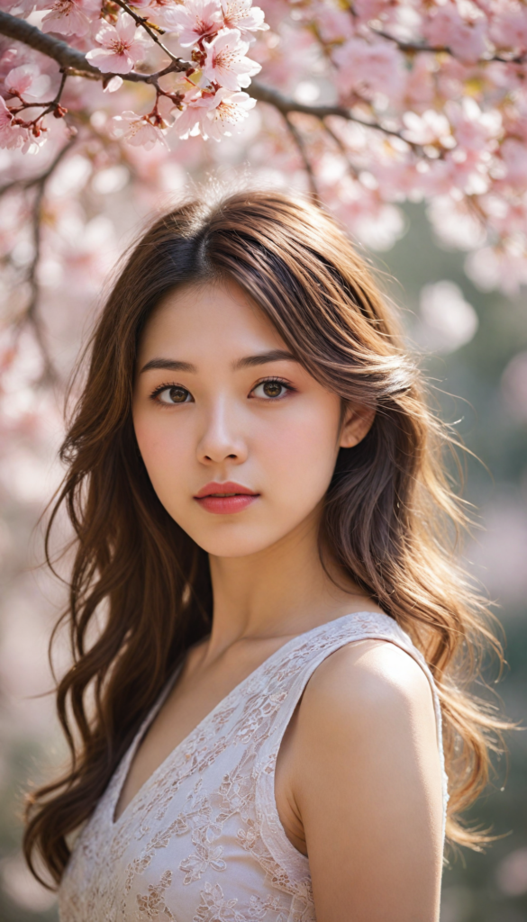 a stunningly realistic portrayal of a whimsical Japanese teen girl, with cascading, voluminous waves of silky light brown hair adorned with delicate cherry blossom clips, her flawless porcelain skin glowing softly in the warm sunlight, featuring a petite, perfectly shaped nose and inviting rosy red lips. She is dressed in an ethereal, sheer tank top that dances with the breeze, revealing intricate patterns of lace, as she poses confidently against a backdrop of vibrant cherry blossom trees, capturing the essence of springtime grace and youth. The scene is infused with a dreamy, pastel color palette reminiscent of Impressionist painters, evoking a sense of tranquility and beauty.