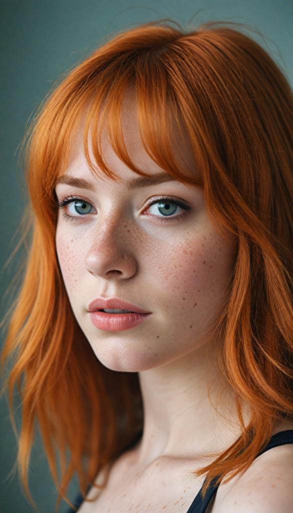 a (softly beautiful young busty girl), with skin that radiates a natural glow, freckles, and imperfections, followed by delicate (full lips), set against a backdrop of a (short, bangs-cut, straight soft long orange hair) and (an imperfect, yet radiant complexion), all framed by a (black, simple outfit) that complements her youthful innocence, against a (white, pure, simple background)