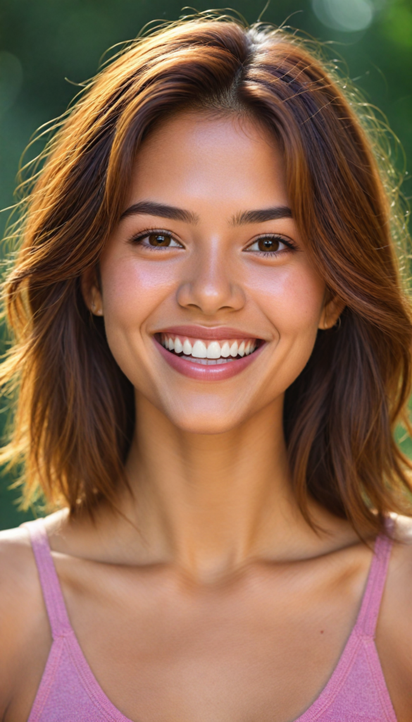 a (very beautiful teenage girl), with long, flowing, voluminous (detailed soft red amber hair), styled in a sleek, shiny, straight haircut with sharp, defined (full red lips), emitting an ethereal glow that complements her otherwise natural features, dressed in a (pink short thin plain and cropped tank top made of fine wool, deep v-neck), perfect curved fit body, she radiates pure joy, smile, perfect white teeth, round realistic face, round shiny amber eyes, full kissable lips, Philippines