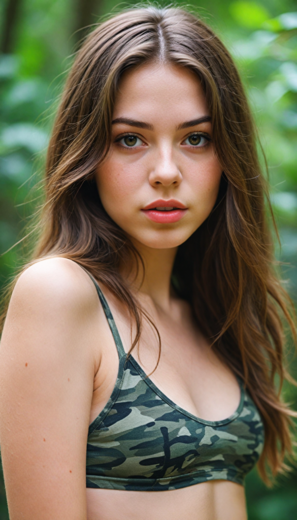 a (beautifully realistic cute teen girl), with long, flowing, voluminous, brown hair featuring (straight hair), flawless (porcelain skin), a small flawless nose, and rosy red lips, dressed in a (short tight bikini in camouflage), posing confidently