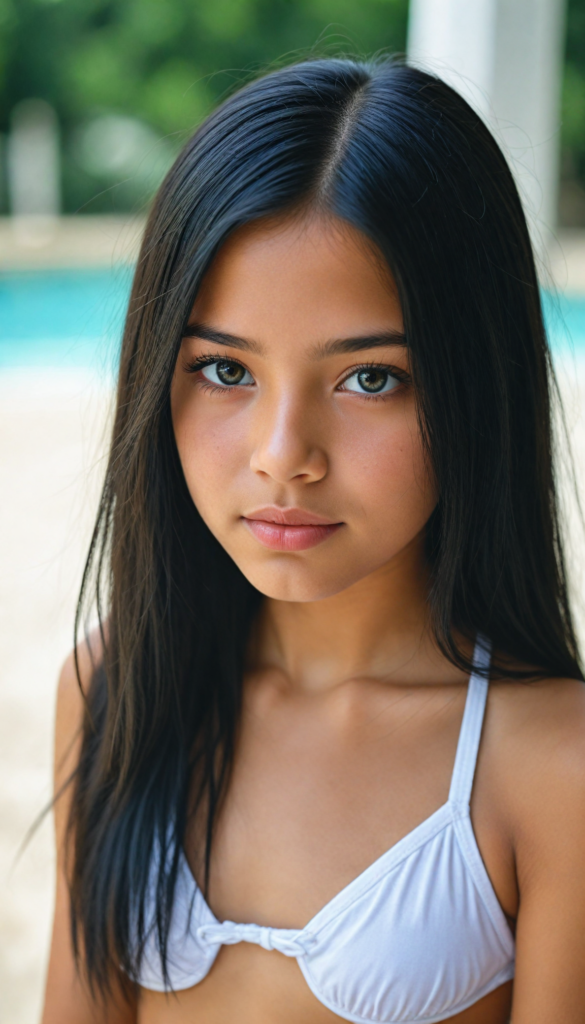 a upper-body portrait from a cute young girl with long, straight black hair, super detailed face, detailed eyes, full lips, white bikini