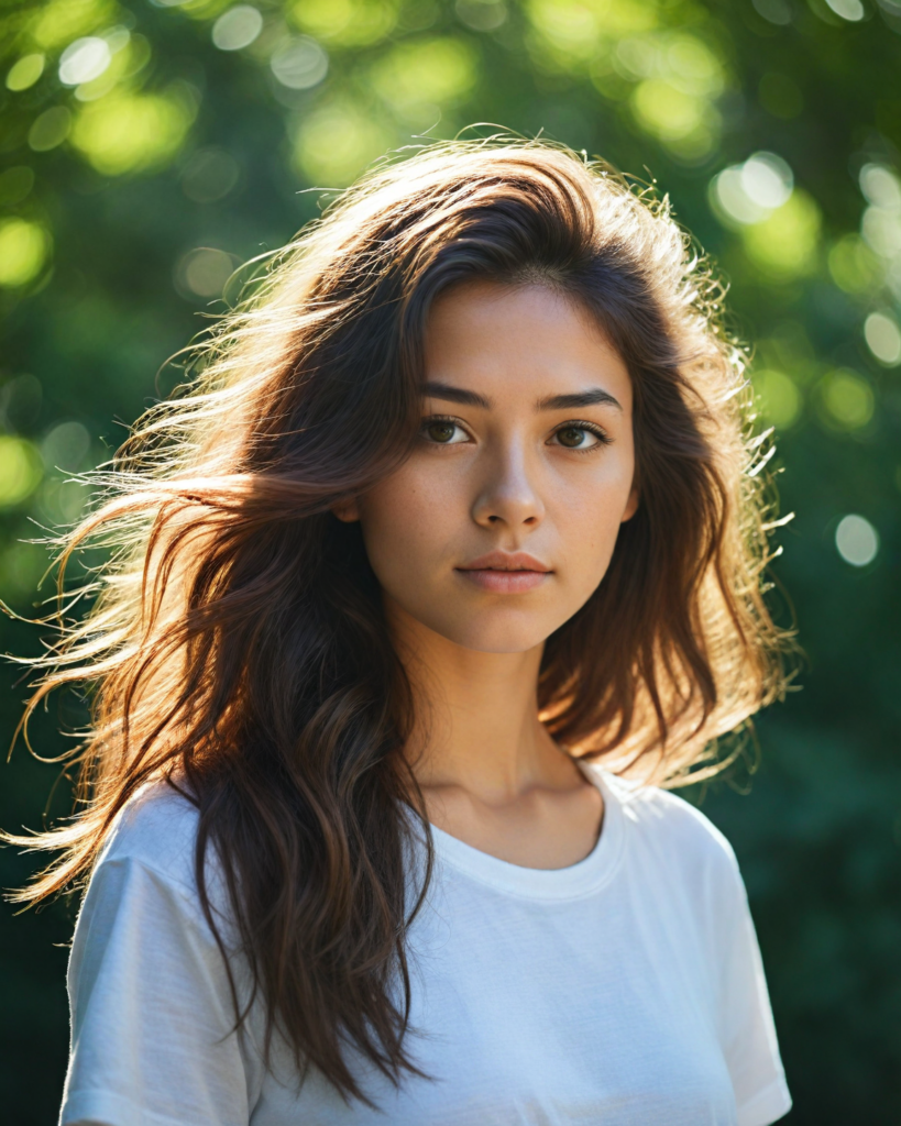 a breathtaking scene featuring a gorgeous and stunning girl with cascading hair, long white t-shirt, sunny green backdrop, detailed face, hair and eyes