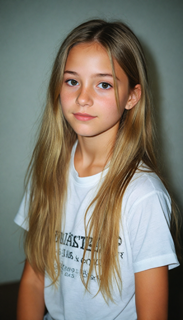 a stunning young girl, soft long gold hair, perfect portrait, white t-shirt