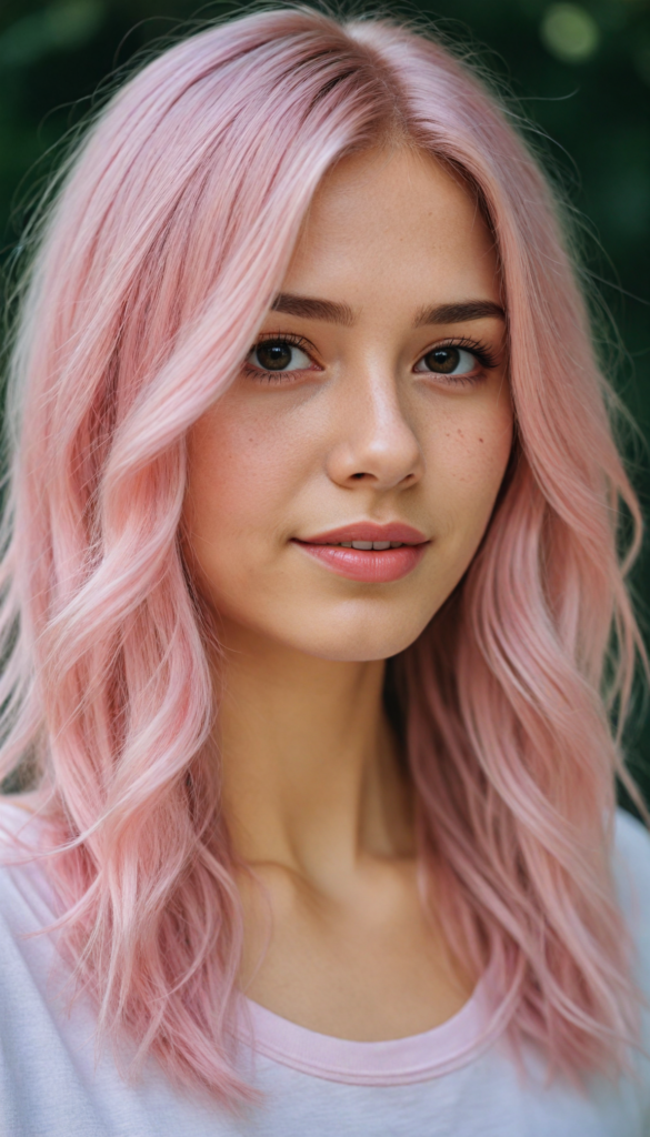 detailed and realistic close-up portrait: a (beautiful petite girl, with (long straight soft detailed light pink hair), side swept style with wispy layers) and brown eyes), looks seductively and smiles gently, who exudes a distinct (sharpness), coupled with (pale skin) and (vividly full lips) that curve into, dressed in a (light pink plain t-shirt, deep v-neck)