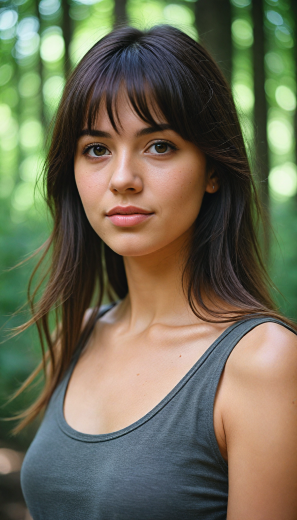 high detailed and realistic (upper body portrait) from a breathtakingly beautiful natural (girl) her cheerful nature makes you happy, with warm amber eyes and luxuriously thick (light brown detailed long smooth straight hair, bangs), full detailed natural lips, (wears a light brown form-fitting plain tank top that support her perfect body, stands in an autumnal forest)