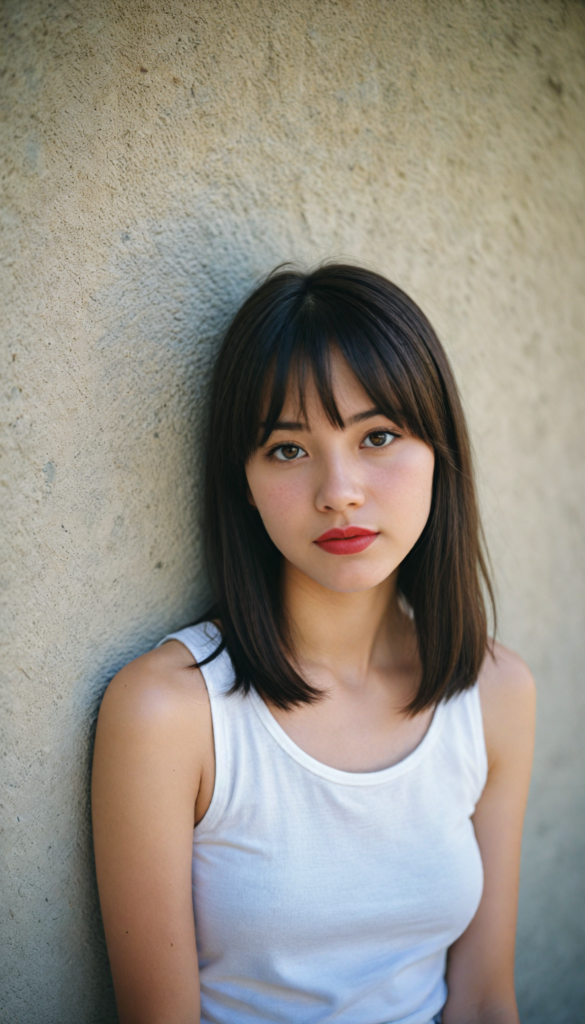 visualize a cute picture: a detailed teen girl, with soft straight very long jet brown hair, bangs cut frame her round face, exuding a sense of melancholy and loneliness, full red lips, (white cropped short tank top made of fine wool) which perfectly shaped her body), view from above (against a wall backdrop)