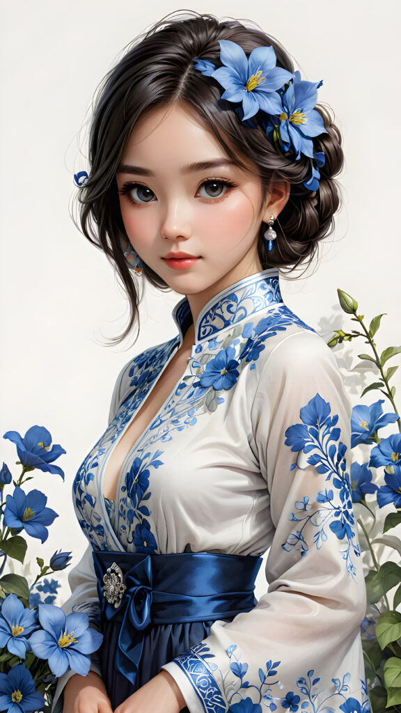 ((gorgeous)) ((attractive)) ((stunning)) ((young)) china girl, classic dressed, blue flowers, detailed pencil drawing