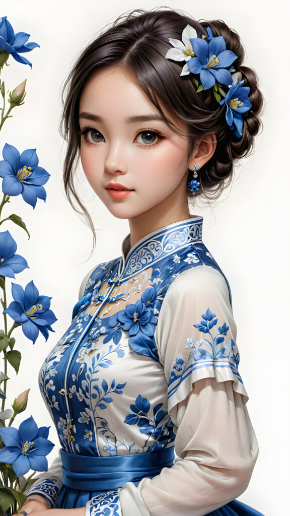 ((gorgeous)) ((attractive)) ((stunning)) ((young)) china girl, classic dressed, blue flowers, detailed pencil drawing