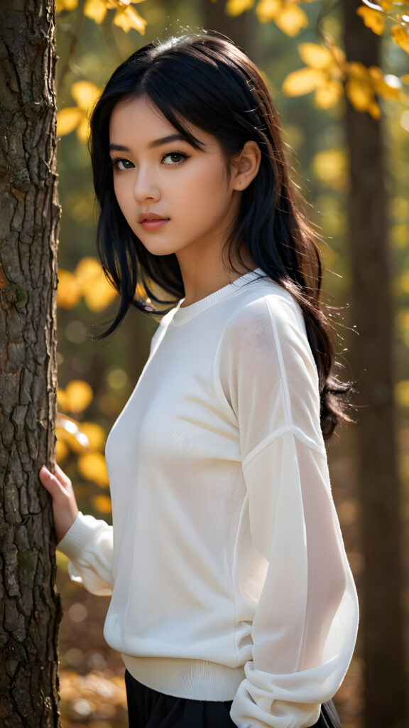 ((gorgeous)), ((stunning)), (side view), (best quality, masterpiece), ((full body)), deep shadow, depth of field, photo with beautiful saturation, ultra high resolution, a cute Exotic girl, 13 years old, wears a (thin tight white chiffon sweater), perfect curved body, ultra realistic face, (((detailed black hair))), beautiful saturation, ultra high resolution, deep shadow, in an autumn forest