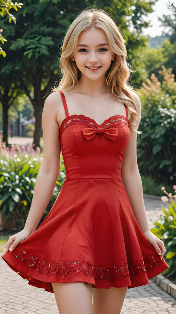 ((gorgeous)) ((stunning)) an ultra high definition, intricate details that make the scene feel hyper-realistic, with a close-up full body shot of a (((cute girl))), 17 years old, blond hair, showing off her legs as (((fully clothed))) while maintaining a playful smile, wears a elegant dress in red, stand in a field