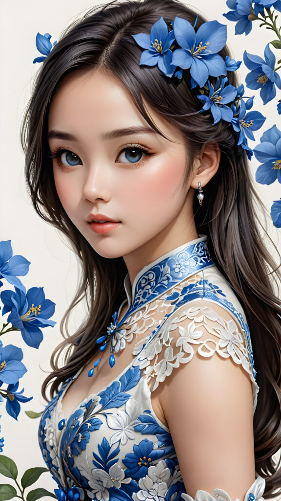 ((gorgeous)) ((attractive)) ((stunning)) ((young)) china girl, classic dressed, blue flowers, detailed pencil drawing