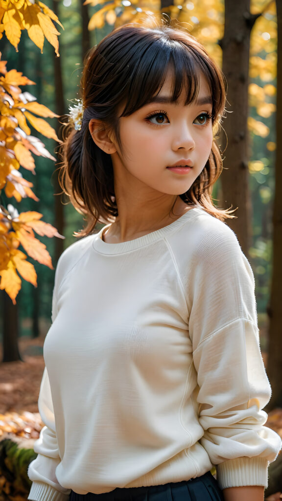 ((gorgeous)), ((stunning)), (side view), (best quality, masterpiece), ((full body)), deep shadow, depth of field, photo with beautiful saturation, ultra high resolution, a cute Exotic girl, 14 years old, wears a (thin tight white chiffon sweater), perfect curved body, ultra realistic face, (((detailed hair, bangs cut))), beautiful saturation, ultra high resolution, deep shadow, in an autumn forest