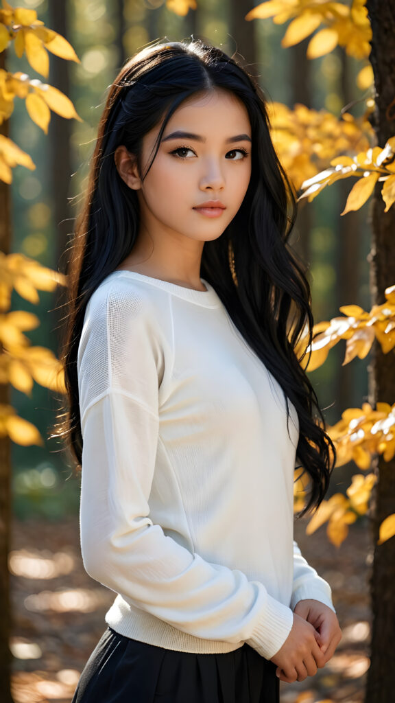 ((gorgeous)), ((stunning)), (side view), (best quality, masterpiece), ((full body)), deep shadow, depth of field, photo with beautiful saturation, ultra high resolution, a cute Exotic girl, 13 years old, wears a (thin tight white chiffon sweater), perfect curved body, ultra realistic face, (((detailed black hair))), beautiful saturation, ultra high resolution, deep shadow, in an autumn forest