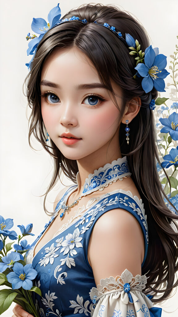 ((gorgeous)) ((attractive)) ((stunning)) ((young)) china girl, classic dressed, blue flowers, detailed pencil drawing