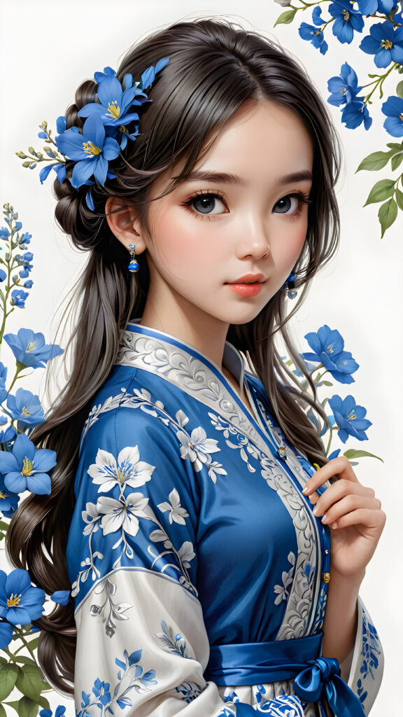 ((gorgeous)) ((attractive)) ((stunning)) ((young)) china girl, classic dressed, blue flowers, detailed pencil drawing