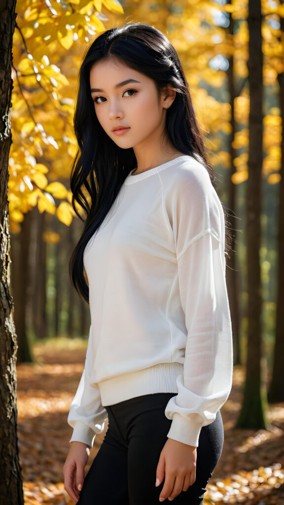 ((gorgeous)), ((stunning)), (side view), (best quality, masterpiece), ((full body)), deep shadow, depth of field, photo with beautiful saturation, ultra high resolution, a cute Exotic girl, 13 years old, wears a (thin tight white chiffon sweater), perfect curved body, ultra realistic face, (((detailed black hair))), beautiful saturation, ultra high resolution, deep shadow, in an autumn forest