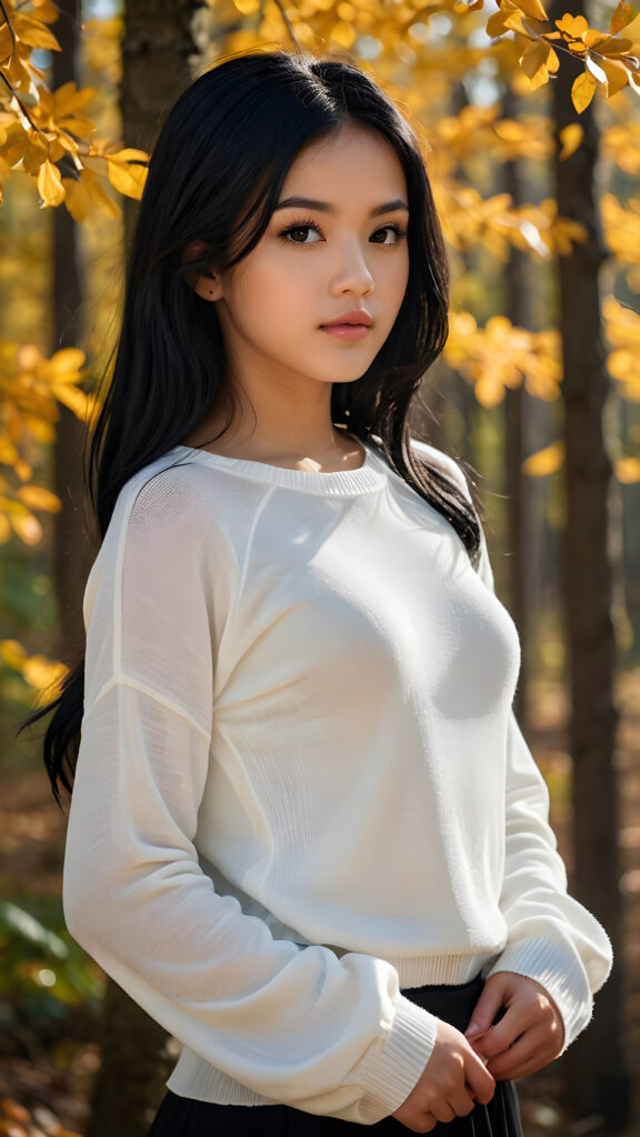 ((gorgeous)), ((stunning)), (side view), (best quality, masterpiece), ((full body)), deep shadow, depth of field, photo with beautiful saturation, ultra high resolution, a cute Exotic girl, 13 years old, wears a (thin tight white chiffon sweater), perfect curved body, ultra realistic face, (((detailed black hair))), beautiful saturation, ultra high resolution, deep shadow, in an autumn forest