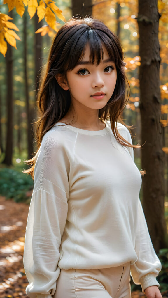 ((gorgeous)), ((stunning)), (side view), (best quality, masterpiece), ((full body)), deep shadow, depth of field, photo with beautiful saturation, ultra high resolution, a cute Exotic girl, 14 years old, wears a (thin tight white chiffon sweater), perfect curved body, ultra realistic face, (((detailed hair, bangs cut))), beautiful saturation, ultra high resolution, deep shadow, in an autumn forest