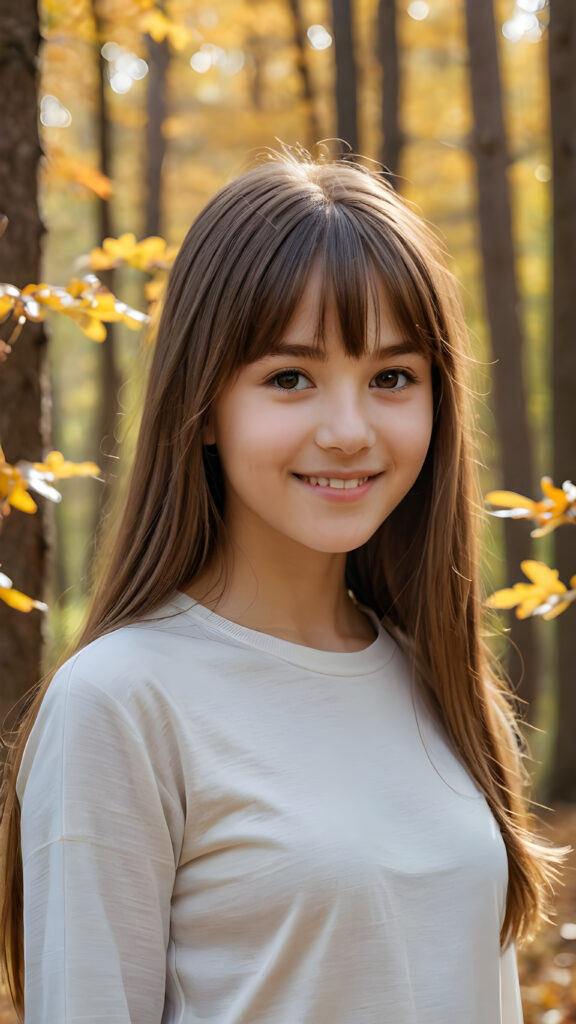 high detailed and realistic ((upper body portrait)) from a breathtakingly beautiful natural (((very young girl))) her cheerful nature makes you happy, with warm amber eyes and luxuriously thick (((light brown detailed long smooth straight hair, bangs))), full detailed natural lips, ((wears a light brown form-fitting plain thin t-shirt that support her perfect body, stands in an autumnal forest))