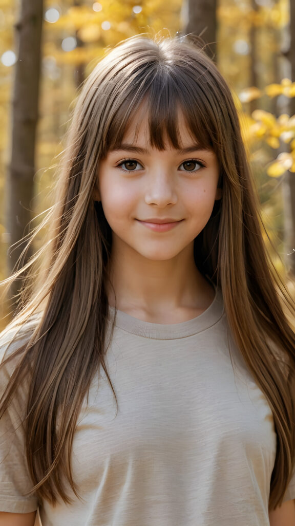 high detailed and realistic ((upper body portrait)) from a breathtakingly beautiful natural (((very young girl))) her cheerful nature makes you happy, with warm amber eyes and luxuriously thick (((light brown detailed long smooth straight hair, bangs))), full detailed natural lips, ((wears a light brown form-fitting plain thin t-shirt that support her perfect body, stands in an autumnal forest))