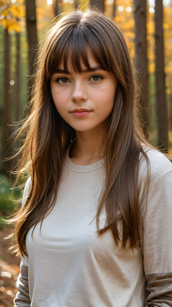 high detailed and realistic upper body portrait from a breathtakingly beautiful natural (((15-year-old girl))) with warm amber eyes and luxuriously thick (((light brown detailed long smooth straight hair, bangs))), full lips, ((wears a light brown form-fitting plain t-shirt that support her perfect body, stands in an autumnal forest))