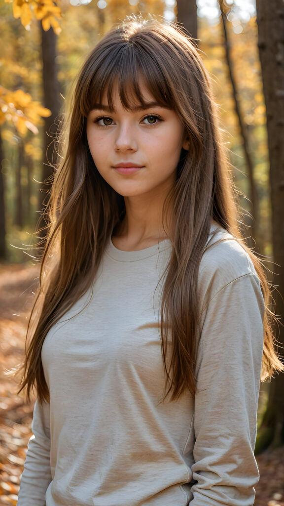 high detailed and realistic upper body portrait from a breathtakingly beautiful natural (((15-year-old girl))) with warm amber eyes and luxuriously thick (((light brown detailed long smooth straight hair, bangs))), full lips, ((wears a light brown form-fitting plain t-shirt that support her perfect body, stands in an autumnal forest))