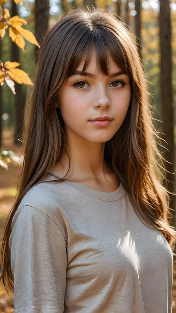 high detailed and realistic upper body portrait from a breathtakingly beautiful natural (((15-year-old girl))) with warm amber eyes and luxuriously thick (((light brown detailed long smooth straight hair, bangs))), full lips, ((wears a light brown form-fitting plain t-shirt that support her perfect body, stands in an autumnal forest))