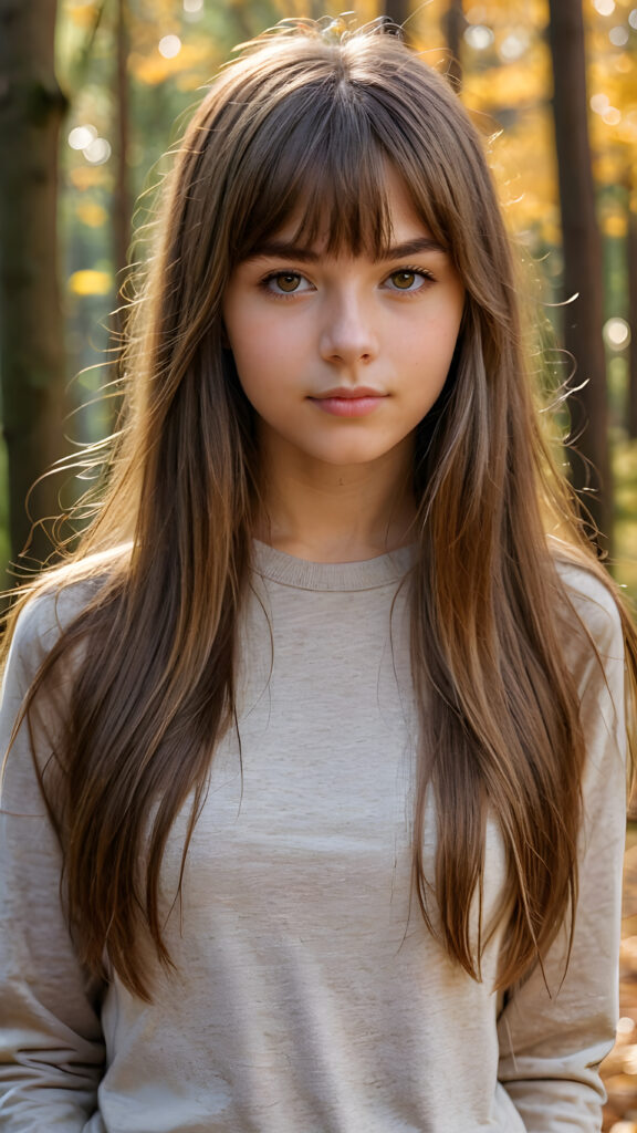 high detailed and realistic upper body portrait from a breathtakingly beautiful natural (((15-year-old girl))) with warm amber eyes and luxuriously thick (((light brown detailed long smooth straight hair, bangs))), full lips, ((wears a light brown form-fitting plain t-shirt that support her perfect body, stands in an autumnal forest))