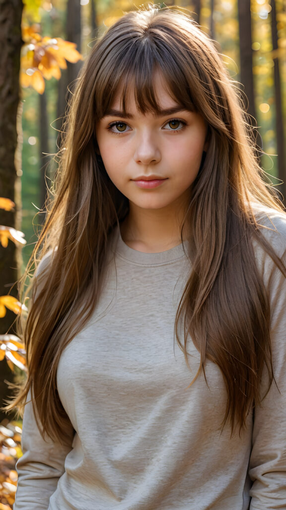 high detailed and realistic upper body portrait from a breathtakingly beautiful natural (((15-year-old girl))) with warm amber eyes and luxuriously thick (((light brown detailed long smooth straight hair, bangs))), full lips, ((wears a light brown form-fitting plain t-shirt that support her perfect body, stands in an autumnal forest))