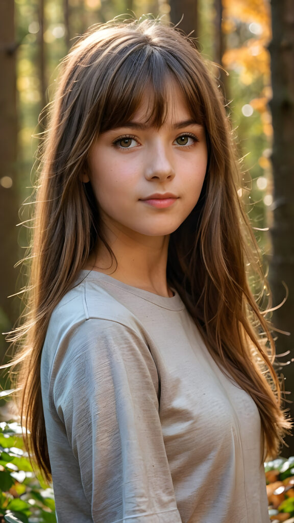 high detailed and realistic upper body portrait from a breathtakingly beautiful natural (((15-year-old girl))) with warm amber eyes and luxuriously thick (((light brown detailed long smooth straight hair, bangs))), full lips, ((wears a light brown form-fitting plain t-shirt that support her perfect body, stands in an autumnal forest))