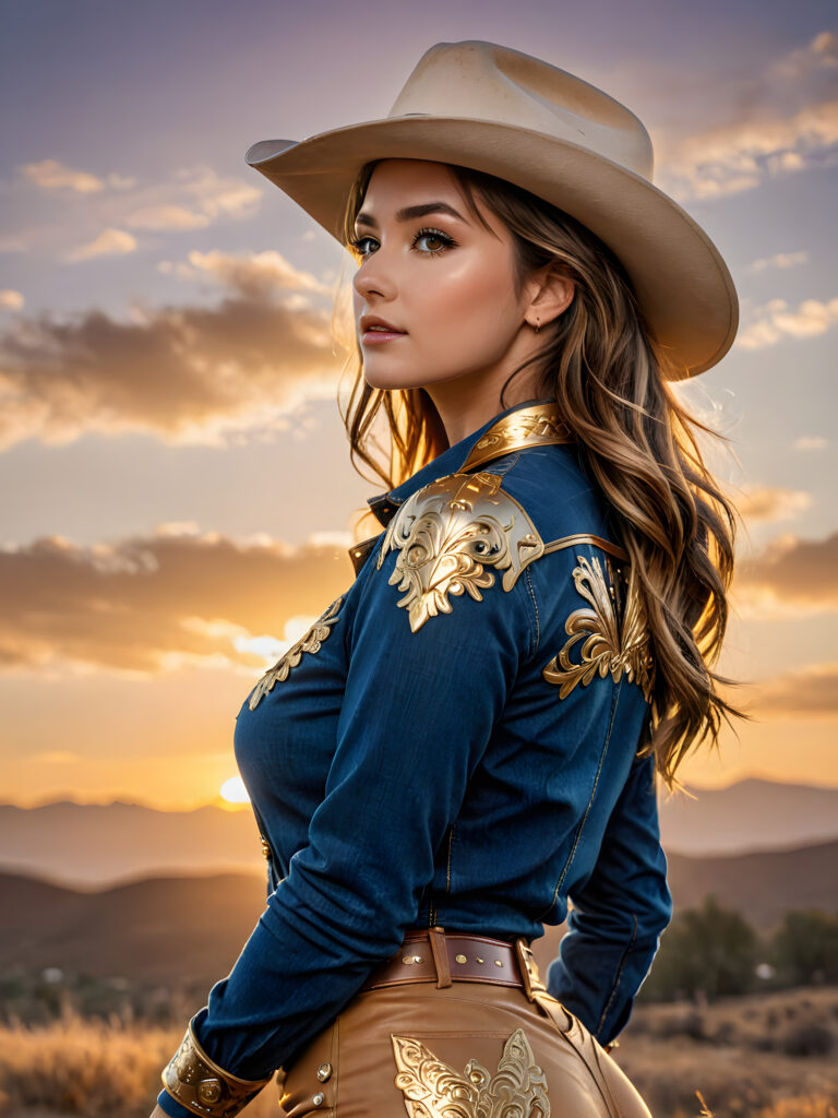 (hyper-realistic, highly-detailed, vivid ((full body ((profile)) photo))), with ((rich colors, golden highlights, golden light)), ((low light)), ((crisp details)), ((dramatic diffuse backlighting)), ((high-dynamic range)), ((dramatic sunset)) cowgirl, perfect pose