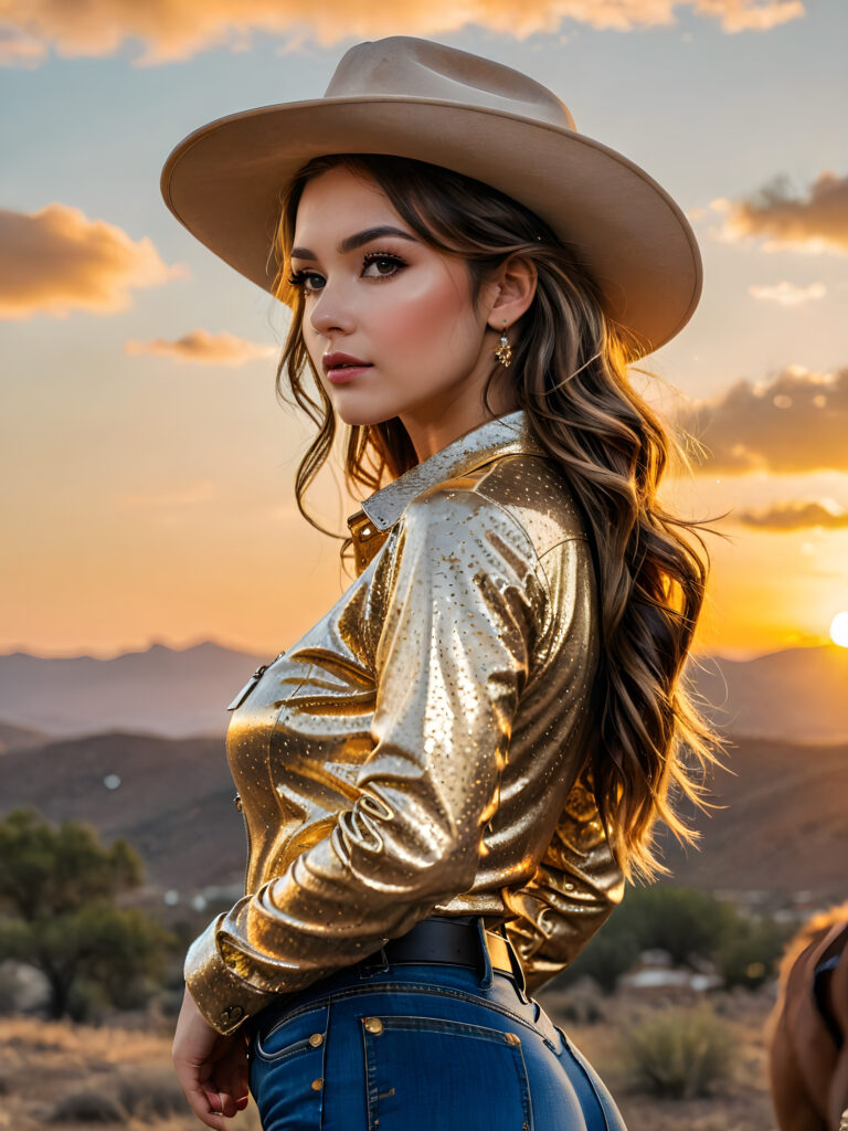 (hyper-realistic, highly-detailed, vivid ((full body ((profile)) photo))), with ((rich colors, golden highlights, golden light)), ((low light)), ((crisp details)), ((dramatic diffuse backlighting)), ((high-dynamic range)), ((dramatic sunset)) cowgirl, perfect pose