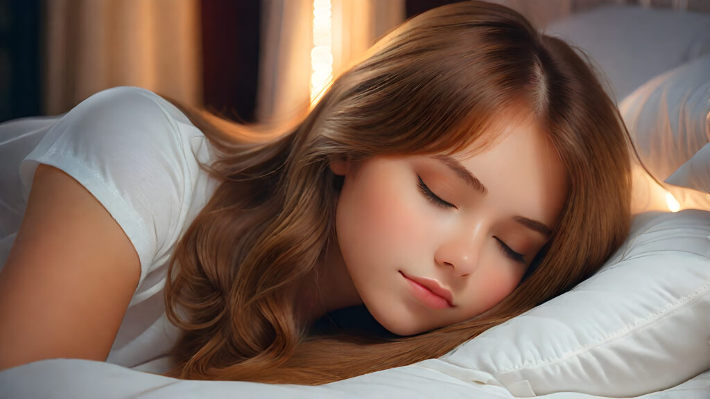 (((cute))) (((long, straight hazelnut hair))) ((stunning)) a (((professional night photograph))) lies on the bed and sleeping in a comfortable bed, holding a pillow, closed eyes, ((teen girl)), 15 years old, bangs cut, realistic detailed angelic round face, ((realistic detailed)), (wears a super short tight (white t-shirt) made on thin silk)