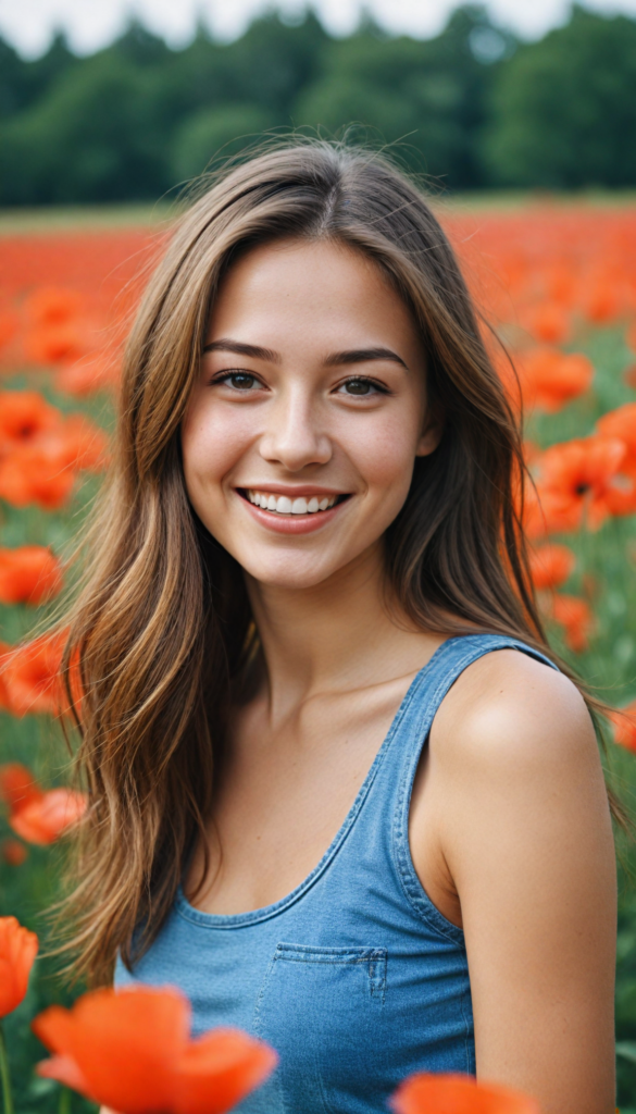 a (teen girl) with a gleeful and sunny smile, wearing a sleek and form-fitting short grey cropped tank top that accentuates her flawlessly proportionate figure, paired with jeans, captured in a (photo shoot), with long, shiny hair flowing around her face under (dramatic lighting) (in a poppy field)