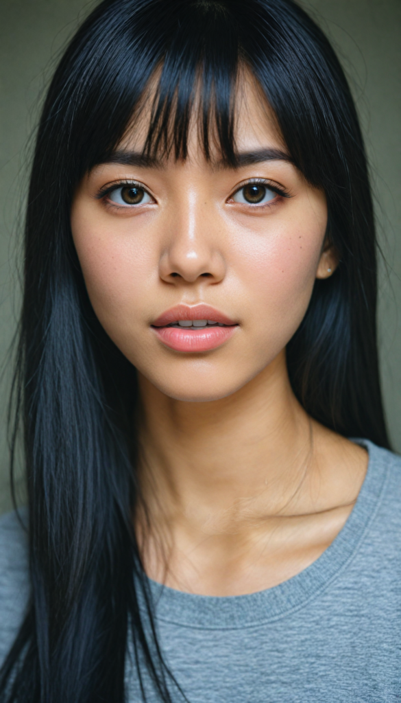 a stunningly detailed (photograph) representing a (Asian girl) with intricate, realistically drawn features like dynamically detailed straight long flowing black hair with bangs framing her face, full lips, eyes looking seductively with mouth slightly open, striking realistic and detailed eyes all against a sophisticated, softly lit (background) where she wears a modern minimalist grey t-shirt