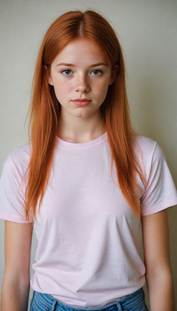 a innocent (red-haired teen girl), straight hair, wears a light pink thin form-fitting t-shirt