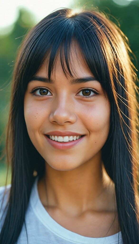 a detailed and realistic photo from a (cute) Indigenous teen girl (long, straight jet hair, bangs), (stunning), (gorgeous), beautifully realistic, cinematic lights, realistic detailed angelic round face, (realistic detailed amber eye) looks happy at the camera, perfect curved body, (wears a super short tight (white t-shirt)), perfect anatomy, side perspective, against a sunny green backdrop