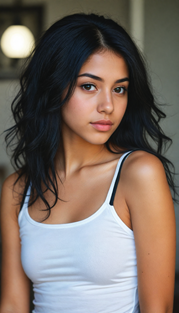 a (stunningly gorgeous) (detailed and realistic portrait) featuring a cute Arab teen girl who wears a (white short cropped tank top), long straight obsidian black hair, she has a perfect curved body